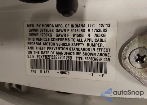 2014 Honda Civic Lx from USA, damaged, VIN 19XFB2F53EE201280